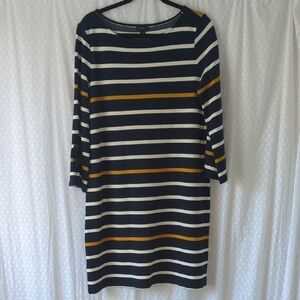 Ann Taylor Factory Navy, White, and Gold Striped Shift Dress With Bell Sleeve